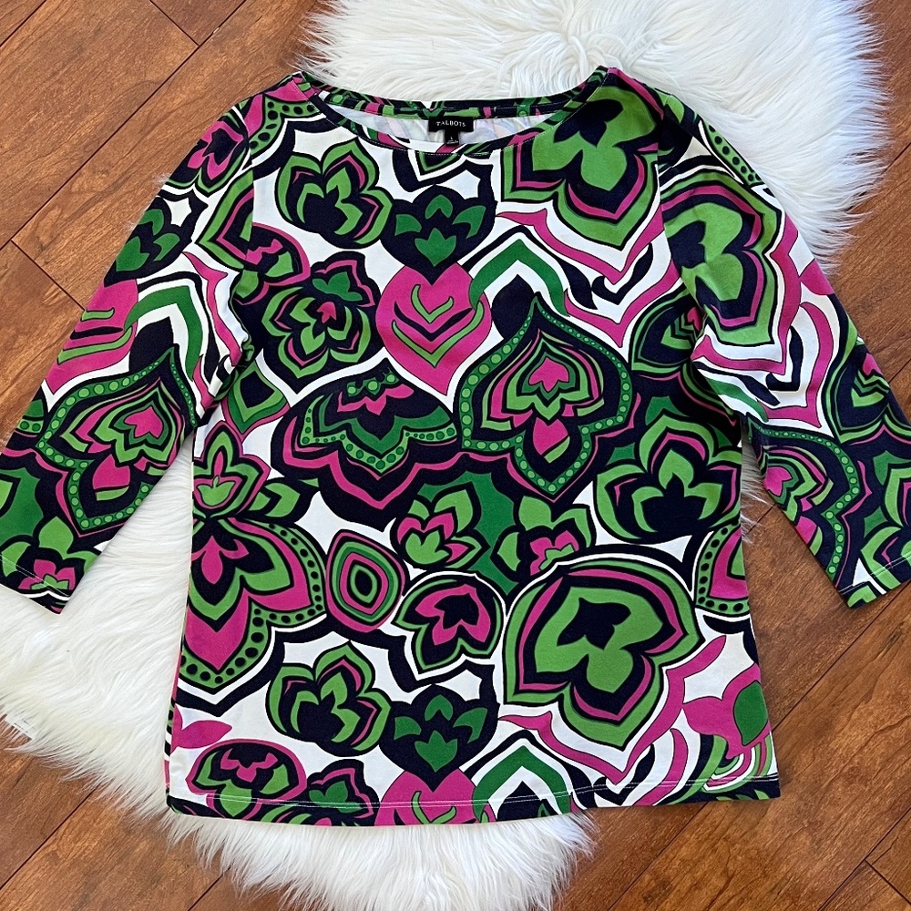 Talbots 3/4 Sleeve Bold Print Stretch Knit Top